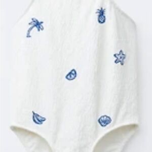 Zara Kids Cream Textured Girlcore Swimsuit Navy Sea Fruit Motif Embroidered SZ 5